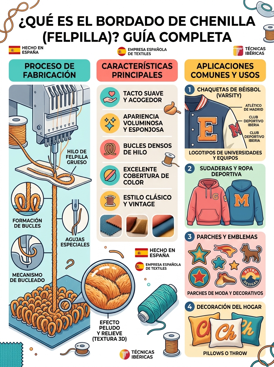 El chenille es perfecto para letras grandes, iniciales, dorsales y números con volumen. Una opción muy utilizada en sudaderas, chaquetas deportivas y prendas urbanas.